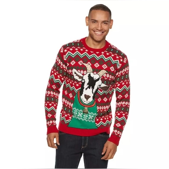 33 Degrees Mens Christmas Sweater Large Goat with Bell Ugly Sweater Holiday - Picture 1 of 10